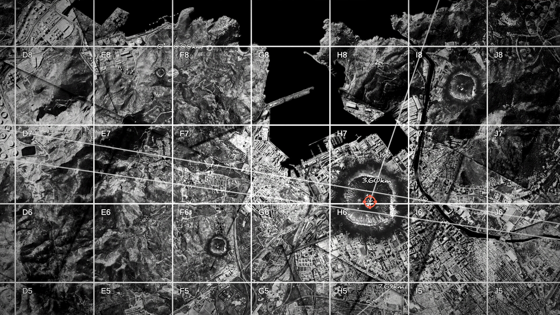 IRON NEST tactical map with a grid, plotted markers, lines, bearings and ranges