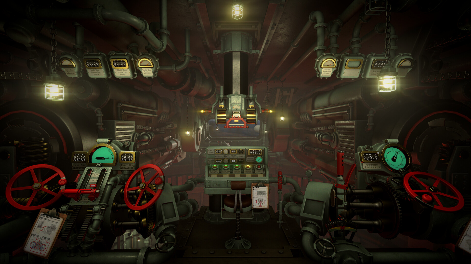 IRON NEST interior showing separate gun elevation and turret rotation control stations