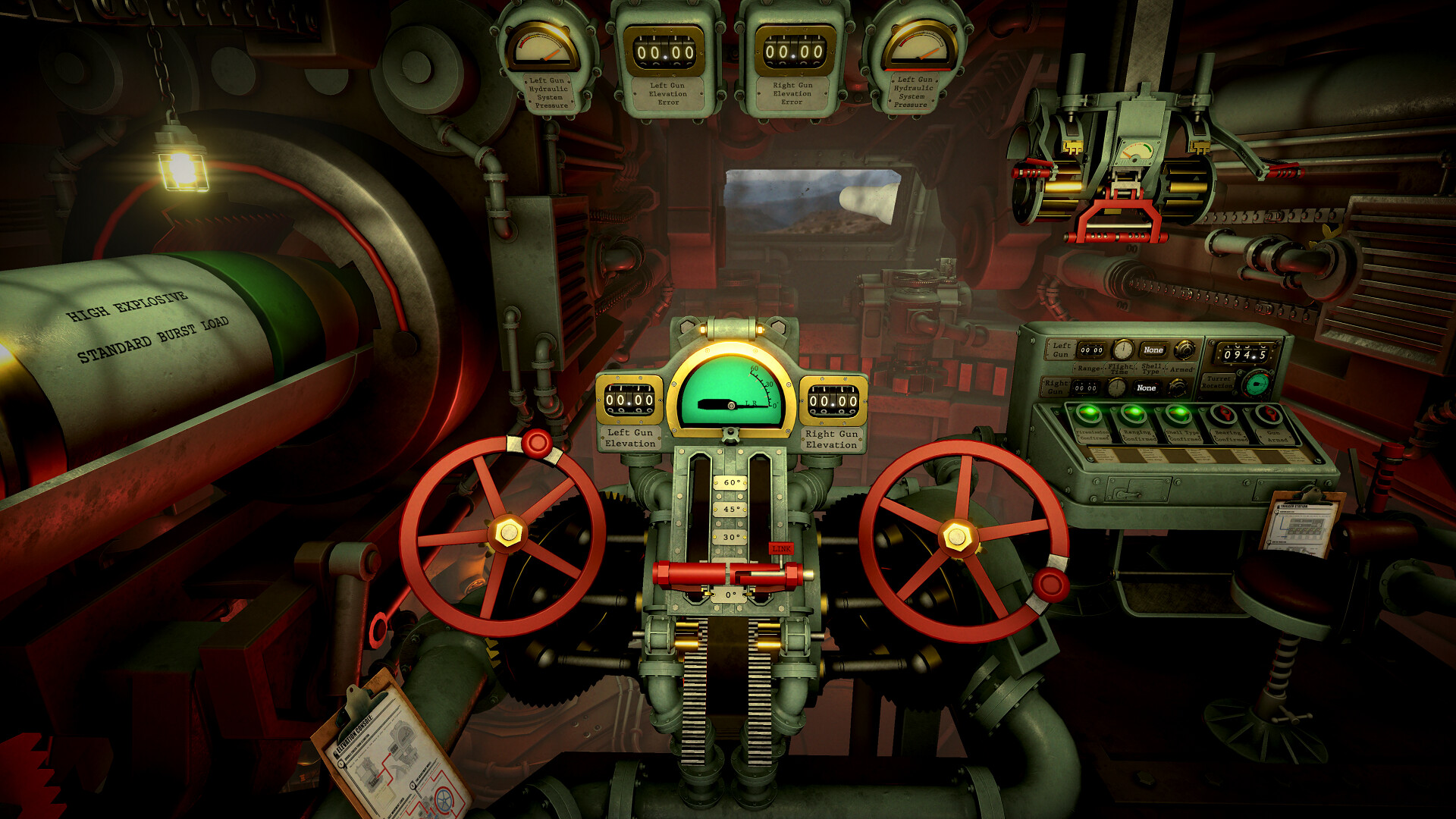 The interior of the IRON NEST heavy turret, showing its physical control stations and machinery